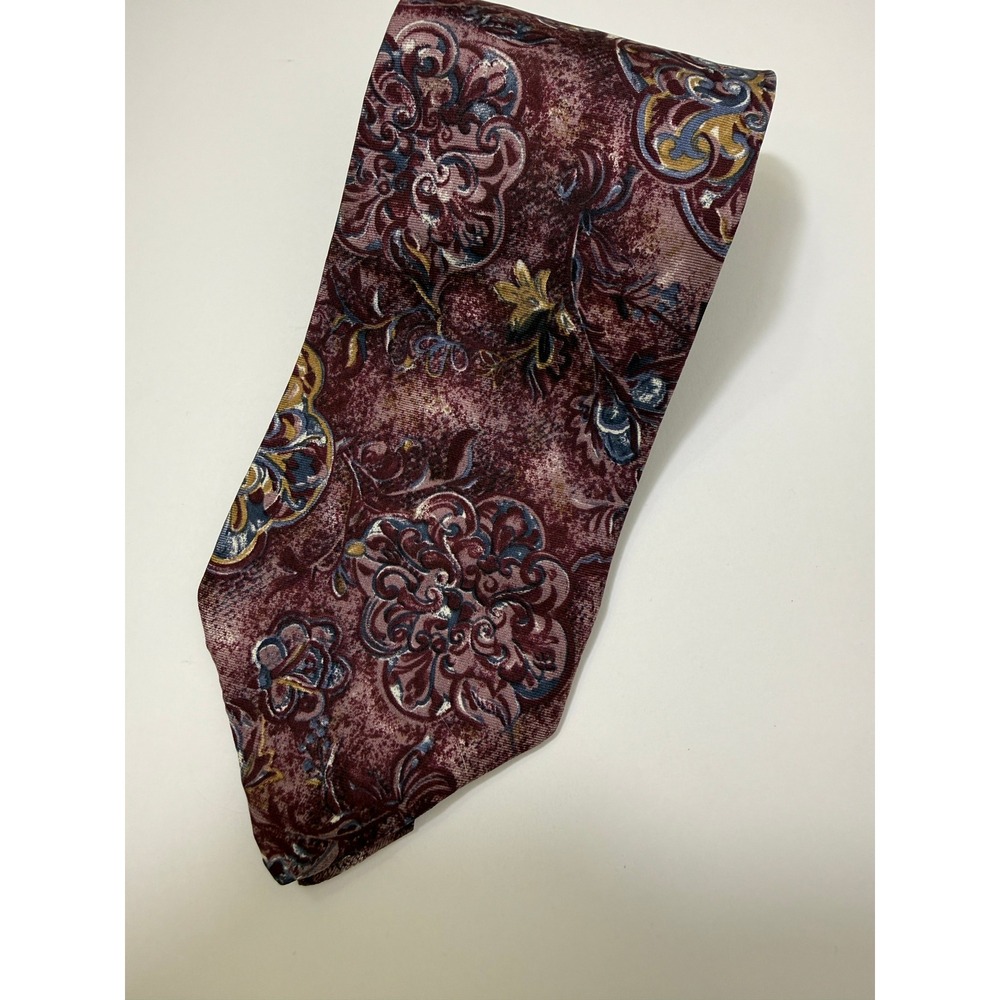 Vtg Barrington Silk Tie Burgundy Red Blue Gold Large Victorian Medallion 4" Wide
